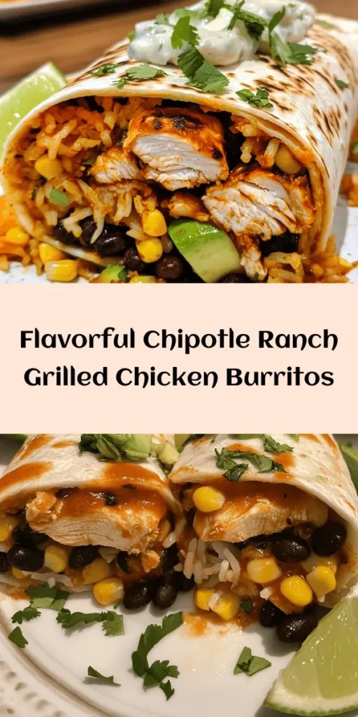 Craving a delicious and easy meal? Try this Easy Chipotle Ranch Grilled Chicken Burrito! Juicy grilled chicken is marinated with aromatic spices and paired with fluffy rice, black beans, corn, and cheese, all wrapped in a warm tortilla. Drizzled with chipotle ranch dressing and topped with fresh cilantro and avocado, this burrito is bursting with flavor. Perfect for lunch or dinner, it takes just 1 hour to make and serves 4. Enjoy it with lime wedges for an extra zing!