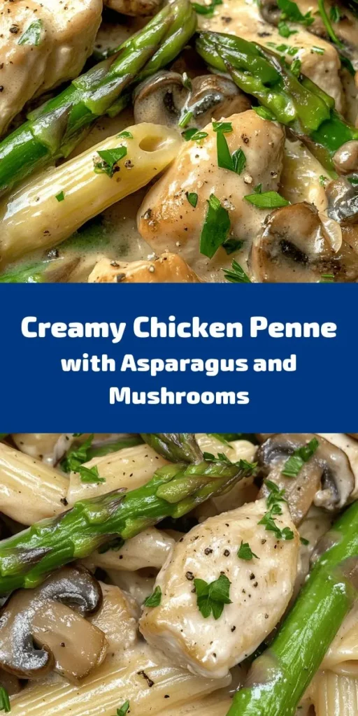 Indulge in this creamy mushroom and asparagus chicken penne that's ready in just 30 minutes! This easy recipe combines tender penne pasta, sautéed chicken, and vibrant veggies in a rich cream sauce, topped with Parmesan for an extra flavor kick. Perfect for busy weeknights or a cozy dinner, this dish is sure to delight your taste buds. Don't forget to garnish with fresh parsley for a pop of color! Enjoy a homemade meal that's deliciously satisfying.