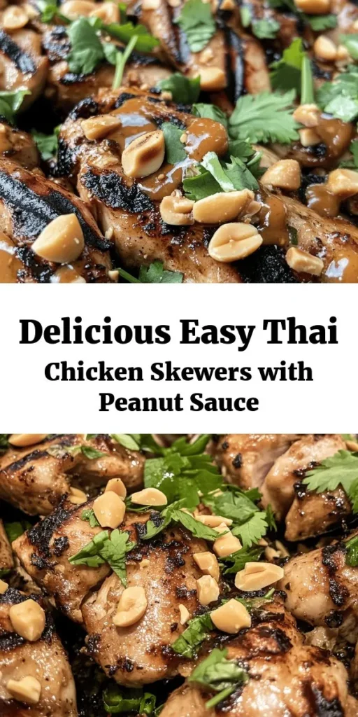 Looking for a delicious grilling option? Try these Easy Grilled Thai Chicken Skewers! Packed with flavor from a savory marinade and served with a creamy peanut sauce, they make a perfect meal for any occasion. Marinate tender chicken thighs in a mix of soy sauce, fish sauce, and spices, then grill to perfection. Drizzle with homemade peanut sauce and garnish with chopped peanuts and cilantro. Enjoy this delightful dish with friends and family!