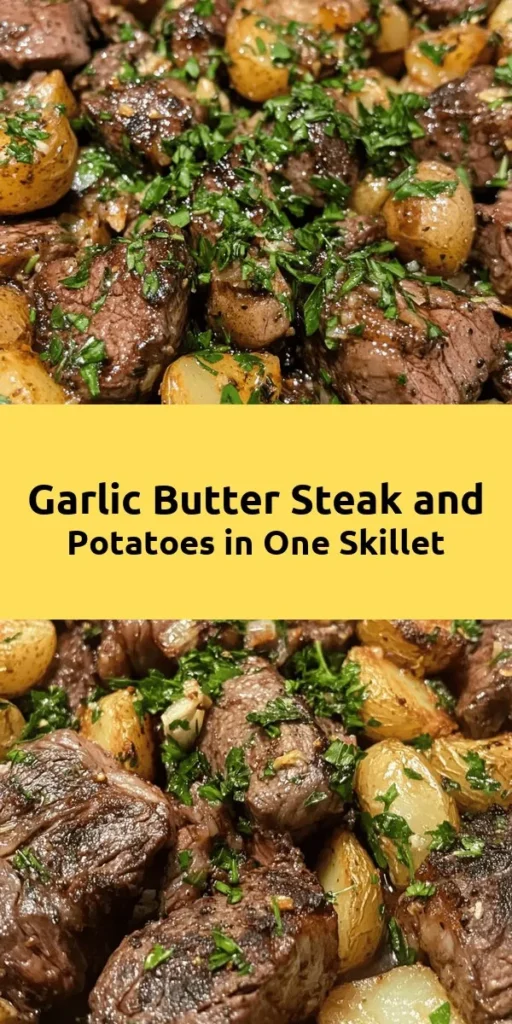 Elevate your dinner game with this Garlic Butter Steak and Potatoes Skillet! This one-pan dish features tender bites of steak and crispy baby potatoes, all soaked in a rich garlic butter sauce. With fresh herbs like thyme and rosemary, every bite is bursting with flavor. Quick to prepare in just 30 minutes, this recipe is perfect for a busy weeknight dinner or a special occasion. Garnish with fresh parsley and enjoy a hearty, delicious meal!