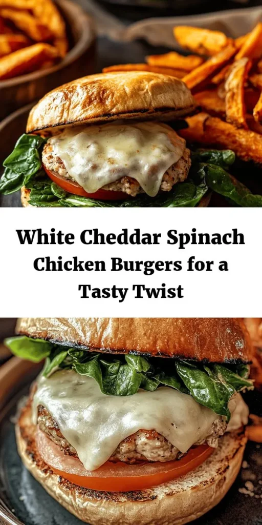 Elevate your burger night with these savory White Cheddar and Spinach Chicken Burgers! Made with lean ground chicken, fresh spinach, and melty white cheddar, these patties are both delicious and healthy. Quick and easy to prepare, they take only 30 minutes from start to finish. Serve on whole wheat or brioche buns, topped with fresh lettuce and tomato for a mouthwatering meal that everyone will love. Perfect for weeknight dinners or outdoor gatherings!