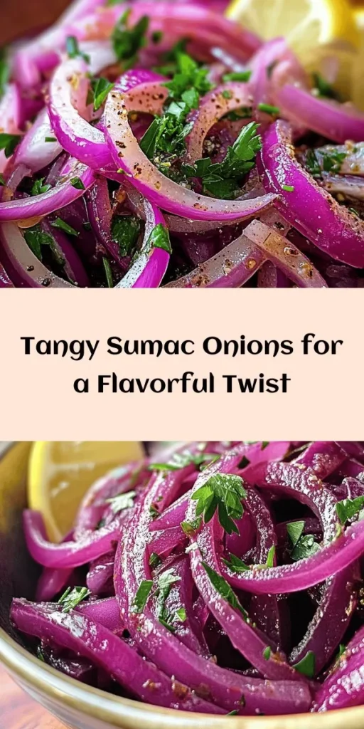 Elevate your meals with these Tangy Sumac Onions! This simple recipe combines thinly sliced red onions with olive oil, sumac powder, and a touch of red wine vinegar for a burst of flavor. Marinate for 30 minutes to let the ingredients mingle, then serve them with fresh parsley and lemon wedges. Perfect as a topping for grilled meats or part of a mezze platter, these vibrant onions add a delightful tang to any dish! Enjoy the deliciousness!