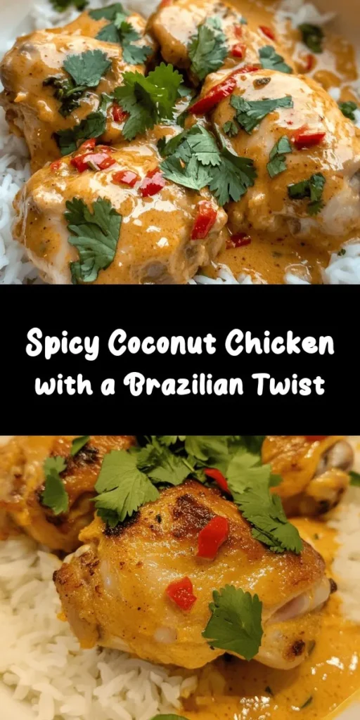 Experience the vibrant flavors of Brazil with this Spicy Brazilian Coconut Chicken recipe! Perfectly marinated chicken thighs are simmered in a creamy coconut milk sauce infused with garlic, ginger, and spices like cumin and turmeric. This dish is not only delicious but also easy to make, ready in just an hour. Serve it over steamed rice or quinoa for a satisfying meal. Garnish with fresh cilantro for a burst of flavor. Your taste buds will thank you!
