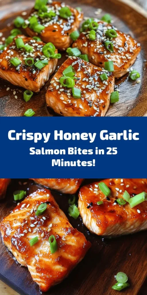 Savor the delightful taste of Crispy Honey Garlic Salmon Bites! These flavorful little morsels are easy to make, combining perfectly crispy salmon with a sweet and savory honey garlic sauce. With simple ingredients like salmon, honey, and garlic, you'll have a restaurant-quality dish at home in just 25 minutes. Perfect as an appetizer or a main dish, and don't forget to garnish with green onions and sesame seeds for that extra touch. Get ready to impress your guests!