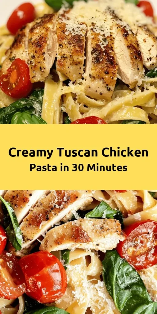 Whip up a taste of Italy with this easy Tuscan Chicken Pasta! In just 40 minutes, you’ll enjoy tender chicken, fettuccine, and a creamy sauce loaded with garlic, cherry tomatoes, and spinach. Perfect for a weeknight dinner, this recipe combines rich flavors and fresh ingredients that everyone will love. Garnish with basil and a sprinkle of Parmesan for that authentic touch. Your family will be asking for seconds!