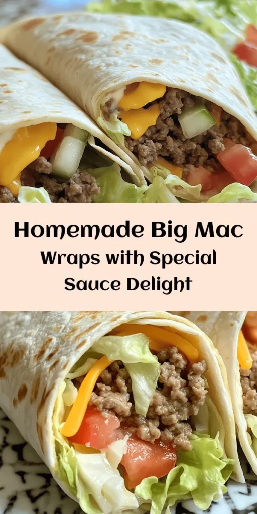 Try these delicious Homemade Big Mac Wraps with Special Sauce for a fun twist on a classic favorite! Made with ground beef, fresh veggies, and a creamy sauce, these wraps are easy to put together and perfect for lunch or dinner. Simply cook the beef, assemble with lettuce, tomatoes, cheese, and pickles, then wrap it all up! For an extra crunch, toast them in a skillet. Your taste buds will thank you for this tasty treat! Enjoy!