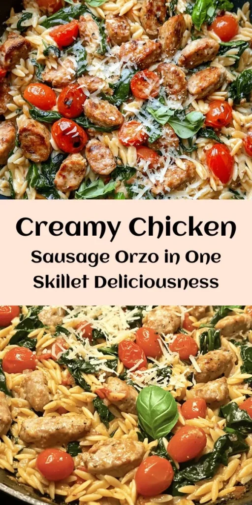 Indulge in this creamy chicken sausage orzo skillet that's not just delicious but also easy to make! Perfect for busy weeknights, this one-pan dish combines savory chicken sausage, vibrant cherry tomatoes, and fresh spinach, all enveloped in a rich, creamy sauce. With just 30 minutes from kitchen to table, it's an instant favorite for the whole family. Top it with grated Parmesan and fresh basil for extra flavor! Try it tonight! 🍗🍝✨