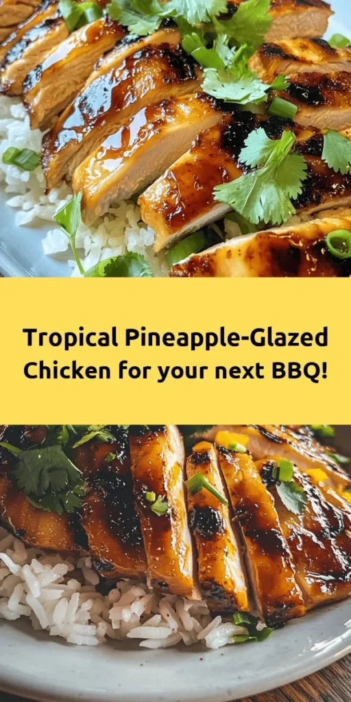Elevate your dinner with this Tropical Pineapple-Glazed Chicken recipe! Bursting with tropical flavors, this dish features marinated chicken breasts grilled to perfection and brushed with a sweet and tangy glaze made from fresh pineapple juice, soy sauce, and a hint of ginger. Serve it alongside fluffy jasmine rice and garnish with fresh cilantro and green onions for a delightful meal. Perfect for a summer BBQ or any day you crave a taste of the tropics! 🍍🍗✨