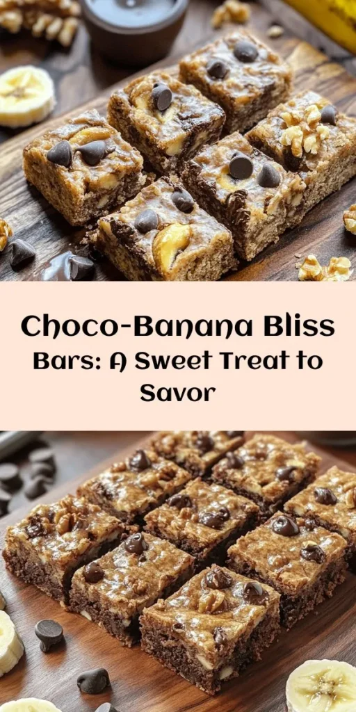 Indulge in the ultimate snack with these Choco-Banana Bliss Bars! Perfectly moist and packed with flavor, these easy-to-make bars feature ripe bananas, rich chocolate chips, and a hint of walnuts for added crunch. In just 40 minutes, you can whip up a batch that’s perfect for lunchboxes, afternoon treats, or dessert. Whether you’re a banana lover or just looking for something sweet, these bars are sure to satisfy your cravings!