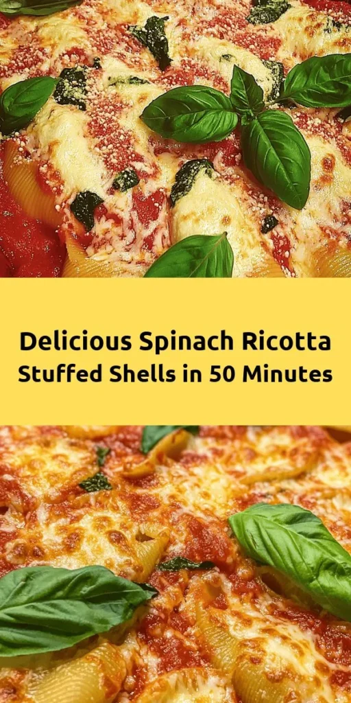 Savor the flavors of Italian comfort food with these easy Spinach & Ricotta Stuffed Shells! Filled with a creamy blend of ricotta, fresh spinach, and cheese, these jumbo shells are smothered in marinara sauce and baked to perfection. Ready in under an hour, this dish serves 4-6 and is perfect for family dinners or meal prep. Garnish with fresh basil for a pop of color. Dive into this cheesy goodness tonight! 🍽️🧀