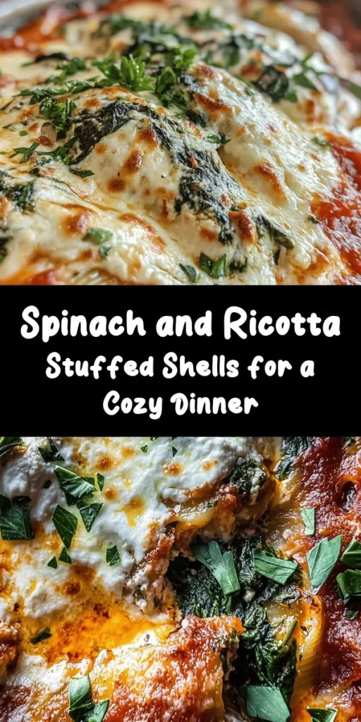 Indulge in these delightful spinach and ricotta stuffed shells for a comforting meal! This easy recipe features jumbo pasta shells filled with a creamy mixture of fresh spinach, ricotta, and mozzarella—topped with rich marinara sauce and more melty cheese. Perfect for a cozy dinner, it takes just 55 minutes from prep to table. Garnish with fresh basil or parsley for an added touch. Your taste buds will thank you!