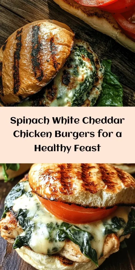 Savor the deliciousness of these White Cheddar and Spinach Chicken Burgers! Made with fresh spinach and creamy white cheddar, these juicy chicken patties are packed with flavor and perfect for any occasion. Grill to perfection and serve on toasted buns with crisp lettuce and juicy tomatoes. In just 30 minutes, you can whip up a healthy and satisfying meal that the whole family will love. Add your favorite sauce for an extra kick!