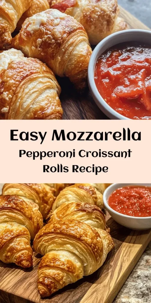 Delight your taste buds with these irresistible Mozzarella Pepperoni Croissant Rolls! Made with buttery crescent dough, ooey-gooey mozzarella, and savory pepperoni, these rolls are a perfect snack or appetizer. Quick and easy to make in just 25 minutes, they are baked to golden perfection and served warm with marinara sauce for dipping. Perfect for parties or a cozy night in, everyone will love this cheesy, flavorful treat!