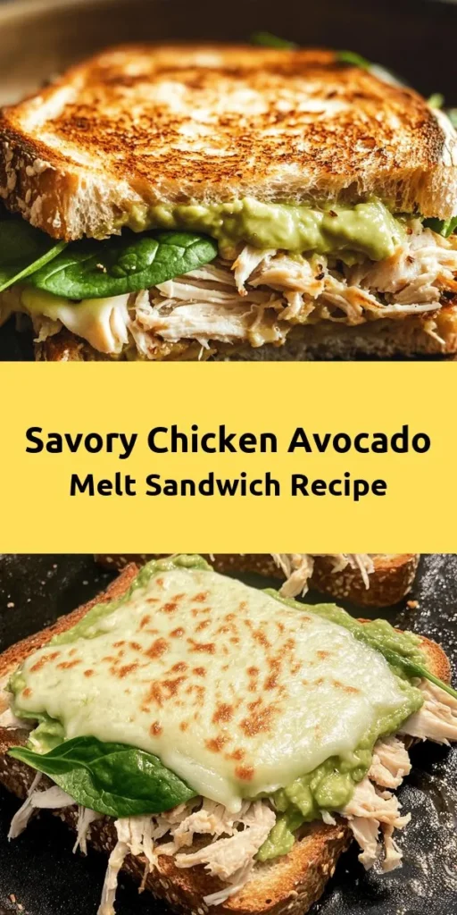 Get ready to enjoy a delicious Chicken Avocado Melt Sandwich that's perfect for a quick lunch or dinner. This easy recipe features tender shredded chicken, creamy avocado, and melted mozzarella on your choice of whole grain or sourdough bread. With a flavorful spread made from avocado, Greek yogurt, and Dijon mustard, this sandwich is packed with taste. Grilled to perfection, it’s crispy on the outside and warm on the inside. Serve it with chips or a salad for a delightful meal!