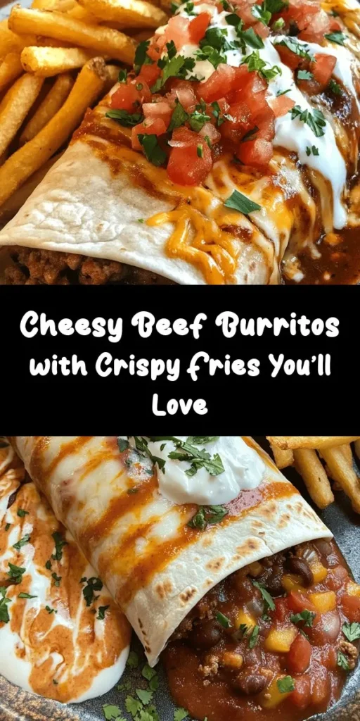 Delight in these Cheesy Beef Burritos with Crispy Fries, the perfect meal for any occasion! Start with savory ground beef sautéed with onions and garlic, then wrap it up with refried beans, gooey cheddar, and zesty salsa in a warm tortilla. Pair it with crispy, oven-baked fries seasoned with paprika and garlic for the ultimate comfort food combo. Top it all off with sour cream and fresh parsley. Easy to make and packed with flavor!