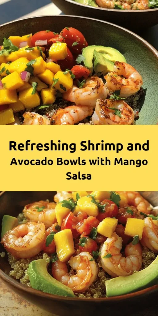 Elevate your meal prep with these delicious Shrimp and Avocado Bowls topped with refreshing Mango Salsa and zesty Lime-Chili Sauce. Packed with protein, healthy fats, and vibrant flavors, this dish combines perfectly cooked shrimp, creamy avocados, and a colorful mix of quinoa or brown rice, cherry tomatoes, and cilantro. Ready in just 30 minutes, these bowls are perfect for a quick weeknight dinner or a healthy lunch option. Enjoy a burst of tropical flavors with every bite!