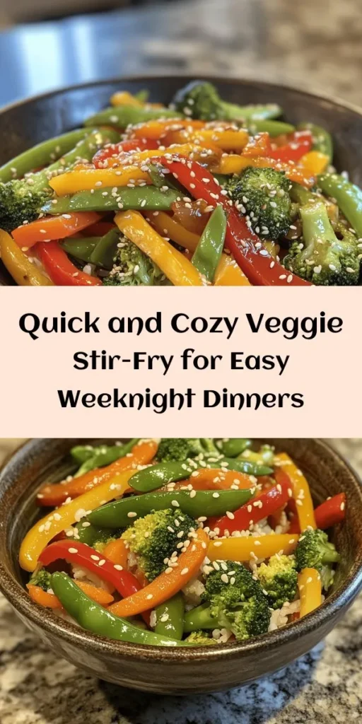 Enjoy a taste of comfort with this Cozy Veggie Stir-Fry! Packed with colorful bell peppers, broccoli, snap peas, and carrots, this vibrant dish is quick to prepare in just 20 minutes. Sauté garlic and ginger for an aromatic boost, then stir in soy sauce and sesame oil for a delicious finish. Serve it over rice or noodles for a satisfying meal. Perfect for busy weeknights or when you want a healthy, wholesome option. Try it tonight!