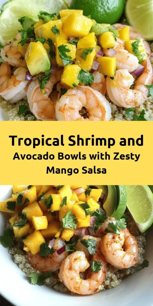 Dive into a tropical paradise with these Tropical Shrimp and Avocado Bowls topped with vibrant mango salsa and tangy lime-chili sauce. This delicious dish features perfectly marinated shrimp, creamy avocado, and a refreshing mango salsa, all served over a base of fluffy rice or quinoa. Perfect for a quick weeknight dinner or a sunny lunch, this colorful meal is packed with flavor and nutrition. Enjoy a taste of the tropics with every bite!