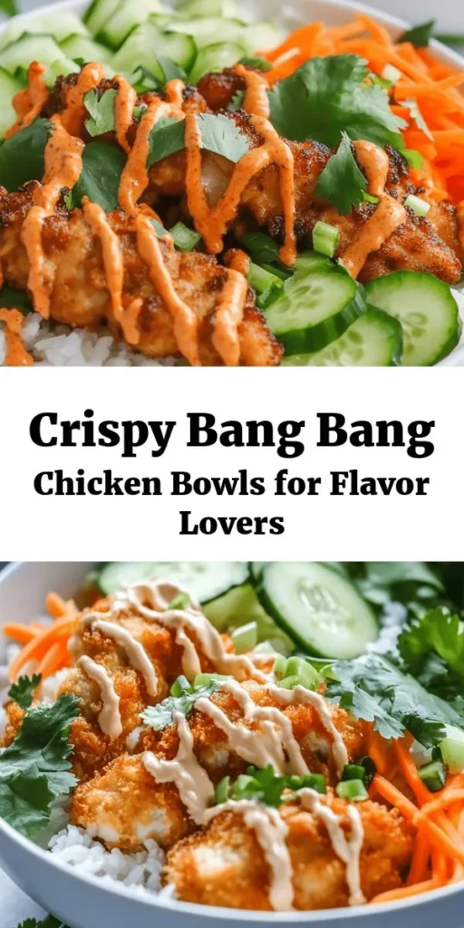 Looking for a delicious, easy dinner idea? Try these Bang Bang Chicken Bowls! Tender, crispy chicken thigh bites are coated in a flavorful blend and served on a bed of jasmine rice. Topped with shredded carrots, crunchy cucumbers, and a homemade spicy Bang Bang sauce, these bowls are bursting with taste. Perfect for meal prep or a family dinner, they're quick to make and sure to impress. Don't forget to add your favorite veggies for extra crunch!