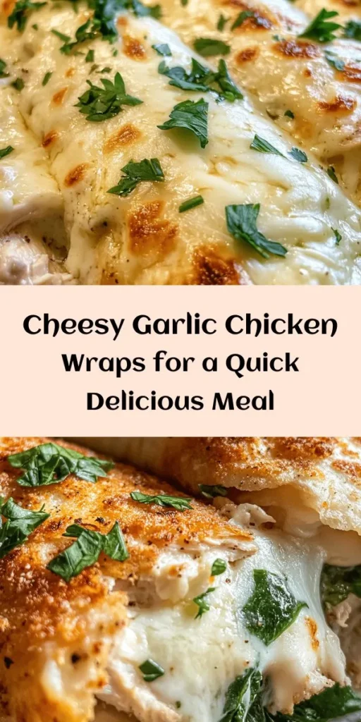 Looking for a delicious and easy meal? Try these Cheesy Garlic Chicken Wraps! Made with tender shredded chicken, creamy mozzarella, and flavored with garlic and herbs, these wraps are packed with flavor. Ready in just 25 minutes, they’re perfect for a quick lunch or dinner. Simply fill tortillas with the cheesy chicken mix, add fresh spinach, and cook until golden brown. Serve with your favorite dipping sauce for a tasty treat!