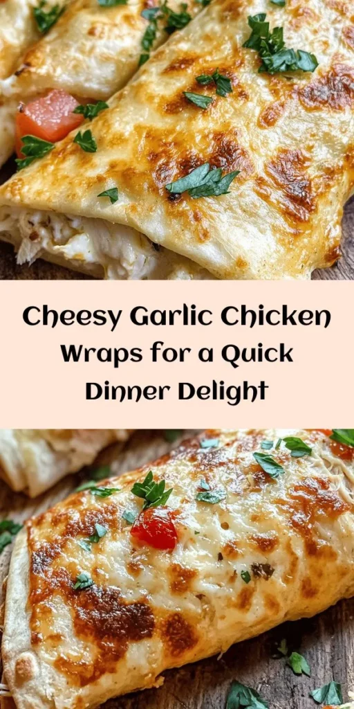 Looking for a delicious and easy meal? Try these Cheesy Garlic Chicken Wraps! Packed with shredded chicken, gooey mozzarella, and creamy Parmesan, each bite is bursting with flavor. The garlic and Italian seasoning elevate this dish, while fresh spinach and tomatoes add a crunchy twist. Perfect for lunch or dinner, these wraps are golden, crispy, and oh-so-satisfying. Enjoy them warm with your favorite dipping sauce for the ultimate treat!