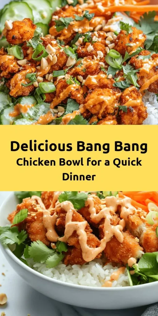Dive into the flavors of this Bang Bang Chicken Bowl! This easy recipe combines juicy chicken, fluffy jasmine rice, and vibrant mixed greens, topped with a creamy and spicy Bang Bang sauce. Perfect for a quick weeknight dinner or meal prep, this dish is both satisfying and packed with nutrients. Ready in just 30 minutes, it’s a delicious balance of textures and tastes that will leave your taste buds dancing. Give it a try and impress your family with this tasty bowl!