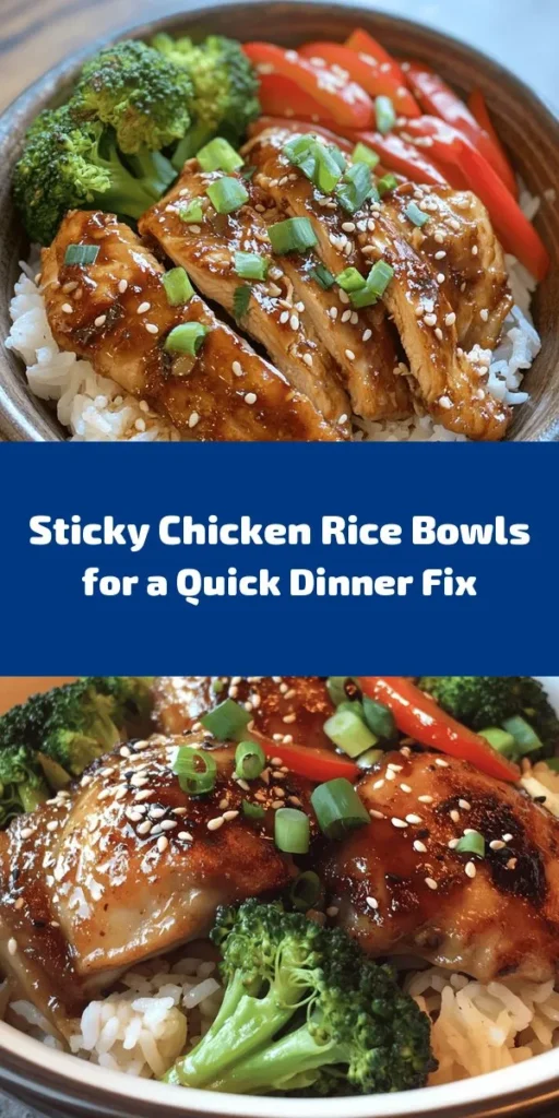 Treat yourself to these delectable sticky chicken rice bowls! Juicy marinated chicken thighs are combined with fluffy jasmine rice and vibrant sautéed broccoli and bell pepper, all drizzled with a sweet and savory sauce. Perfect for a hearty weeknight meal, these bowls are easy to make and full of flavor. Garnished with green onions and sesame seeds, this dish is not only satisfying but also a feast for the eyes. Enjoy a delicious home-cooked dinner with this simple recipe!