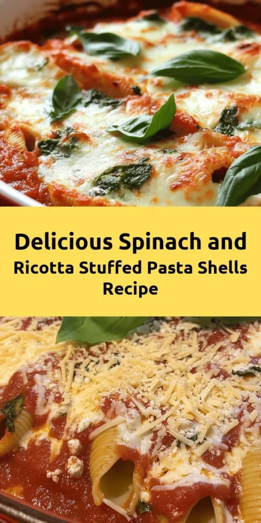 Looking for a delicious and easy dinner idea? Try these Spinach and Ricotta Stuffed Shells! Jumbo pasta shells are filled with a creamy mix of fresh spinach, ricotta, and mozzarella, all baked in marinara sauce for a comforting dish that's perfect for the whole family. With a prep time of just 15 minutes, you'll have a tasty meal on the table in no time. Garnish with fresh basil for an extra touch. Enjoy!