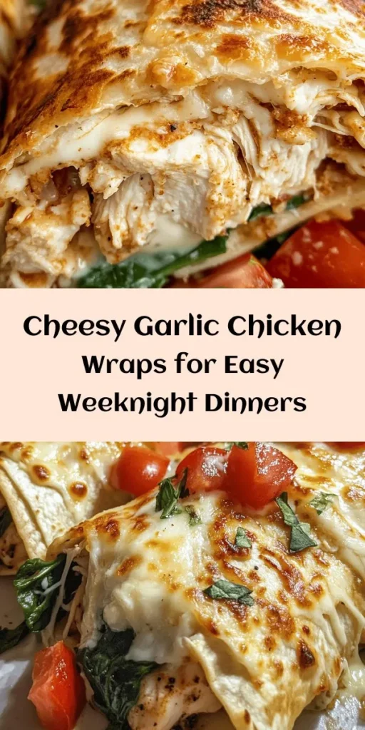 Delight in these Cheesy Garlic Chicken Wraps, a perfect blend of flavors for a quick and satisfying meal! Made with tender shredded chicken, creamy cheeses, and aromatic garlic, each wrap is a cheesy delight. Packed with fresh spinach and tomatoes for a burst of freshness, these wraps are easy to assemble and bake to golden perfection. Perfect for lunch or a cozy dinner, don’t forget to drizzle with your favorite hot sauce for an extra kick!