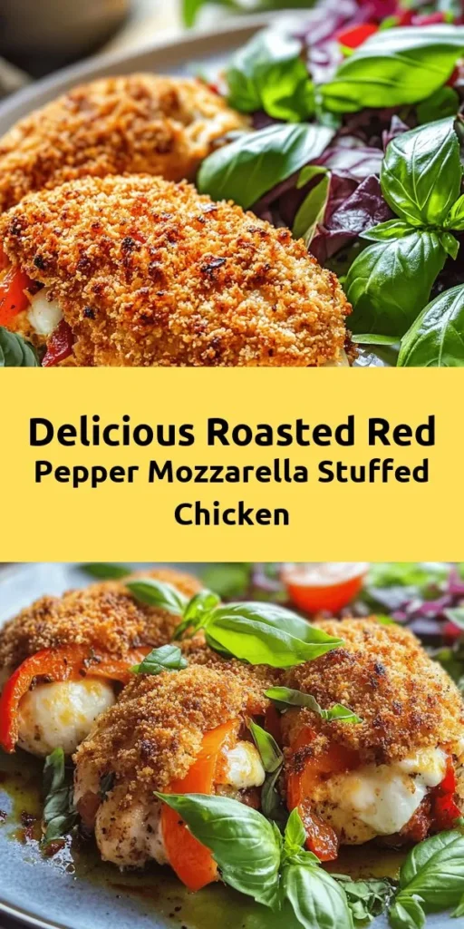 Elevate your dinner with this Roasted Red Pepper & Mozzarella Stuffed Chicken! This savory dish features tender chicken breasts stuffed with a delightful blend of roasted red peppers, fresh mozzarella, and basil. Coated in a crispy breadcrumb and Parmesan topping, this recipe is easy to follow and perfect for any night of the week. With just 15 minutes of prep time, you can serve your family a restaurant-quality meal that’s sure to impress. Enjoy!