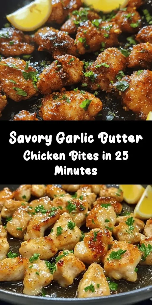 Elevate your dinner game with these irresistible Garlic Butter Chicken Bites! This easy recipe features tender chicken marinated with aromatic herbs and spices, seared to golden perfection. The mouthwatering garlic butter sauce adds rich flavor and a zesty touch of lemon. Perfect as an appetizer or served over rice or pasta for a satisfying main dish. Ready in just 25 minutes, it's a quick and delicious option your family will love! Garnish with fresh parsley for added flair. Enjoy!