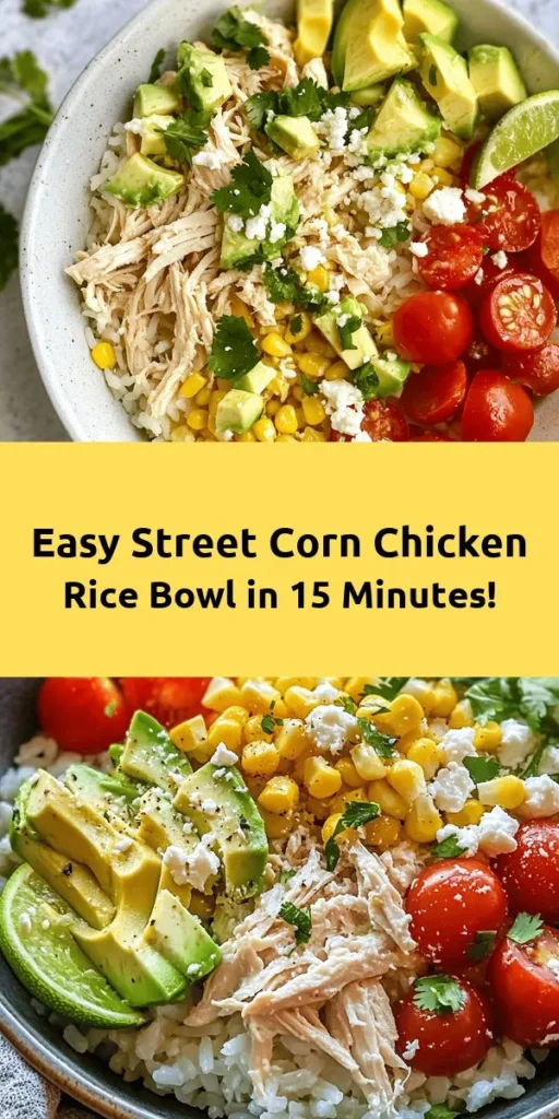 Looking for a quick and delicious meal? Try this Easy Street Corn Chicken Rice Bowl! With just a few ingredients like cooked rice, shredded chicken, sweet corn, fresh cherry tomatoes, and creamy avocado, it comes together in just 15 minutes. Seasoned with chili and garlic powder, this bowl is bursting with flavor. Top it off with cilantro and optional feta for a delightful touch. Perfect for lunch or dinner—simple, tasty, and satisfying!