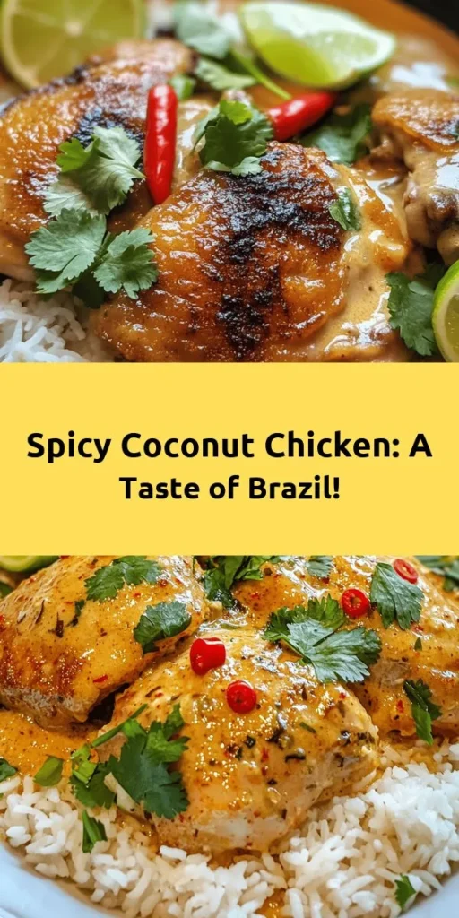 Indulge in the vibrant flavors of Brazil with this Spicy Brazilian Coconut Chicken! This dish features succulent chicken thighs marinated in a blend of spices and fresh lime, cooked in creamy coconut milk with aromatic garlic, ginger, and spicy chilies. Perfectly served over fluffy jasmine or basmati rice, it's a comforting meal bursting with flavor. Ready in just under an hour, this recipe is sure to become a family favorite. Don't forget the fresh cilantro for a touch of brightness!