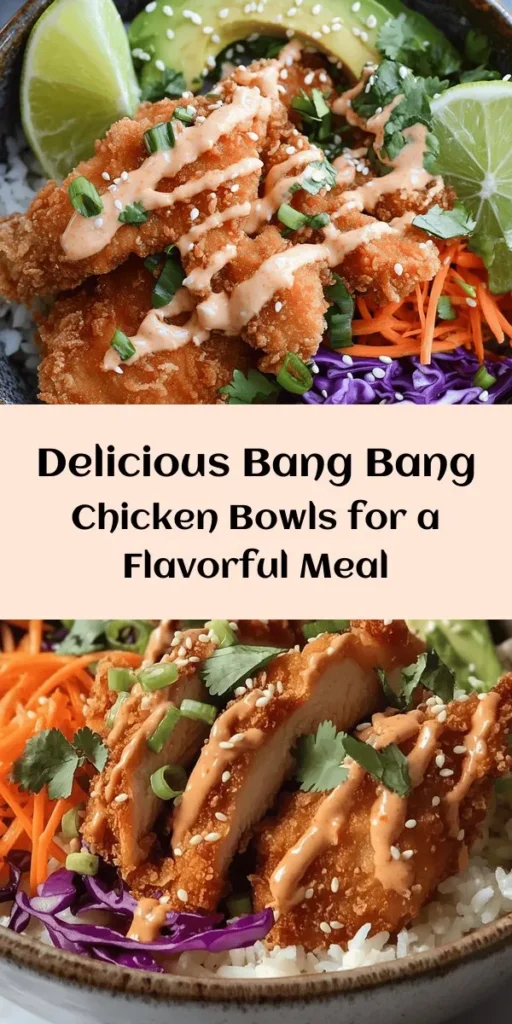 Savor the deliciousness of these Bang Bang Chicken Bowls! With crispy, golden brown chicken thighs coated in a flavorful cornstarch mix and drizzled with a creamy Bang Bang sauce, this dish is perfect for a quick dinner. Serve it over fluffy jasmine rice, topped with fresh shredded cabbage, carrots, and avocado for a burst of color and crunch. Garnish with green onions, sesame seeds, and cilantro, plus a squeeze of lime for an extra zing! Ready in just 30 minutes!