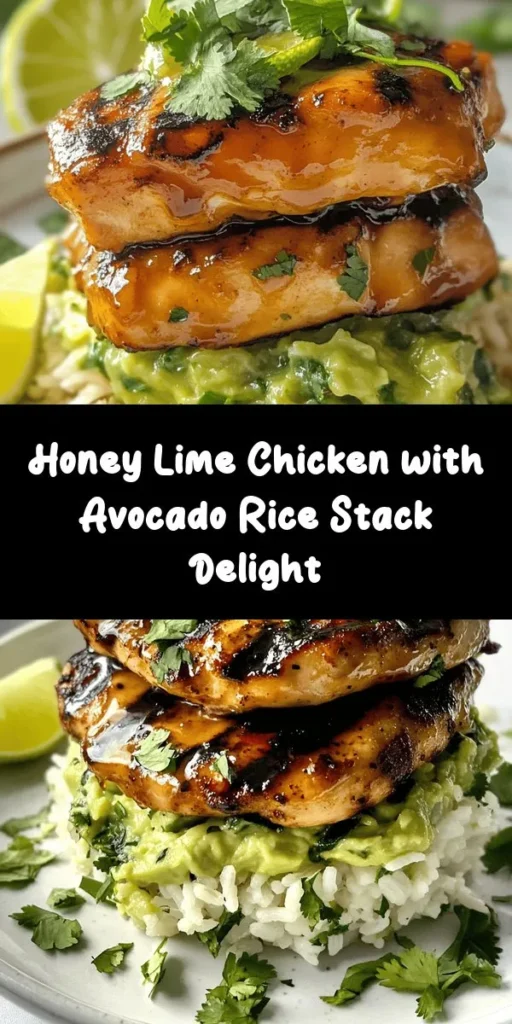 Elevate your dinner with this delicious Honey Lime Chicken & Avocado Rice Stack! This vibrant recipe features marinated chicken grilled to perfection, layered over creamy avocado rice infused with fresh cilantro and lime. Perfect for a quick weeknight meal or a gathering, it's sure to impress. With just a few simple ingredients, you can create a dish that's full of flavor and color. Don't forget to garnish with lime wedges and extra cilantro for that fresh finish!