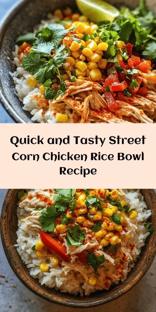 Make mealtime exciting with this Easy Street Corn Chicken Rice Bowl! Packed with flavor, this dish features succulent shredded chicken, sweet corn, and vibrant red bell pepper all mixed with fluffy rice. In just 20 minutes, you’ll have a delightful, nutritious meal that’s perfect for busy weeknights. A squeeze of fresh lime and a sprinkle of cilantro take this bowl to the next level. Simple, quick, and oh-so-tasty—your family will love it!