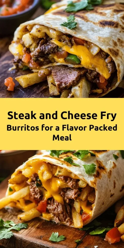Satisfy your cravings with these Steak & Cheese Dirty Fry Burritos! Packed with savory flank steak, crispy French fries, sautéed veggies, and melty cheese, these burritos are a flavor explosion. Quick to prepare and perfect for any meal, they're sure to become a favorite. Serve them with fresh cilantro and your choice of salsa or hot sauce for an extra kick. Enjoy this delicious twist on a classic burrito experience!