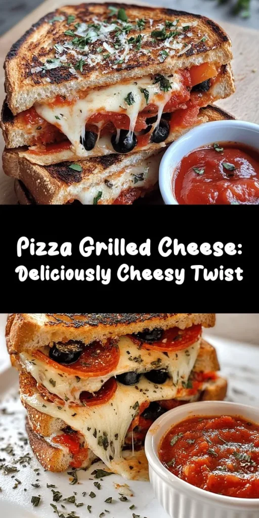 Indulge in this Pizza Grilled Cheese Delight, the ultimate comfort food twist! This scrumptious sandwich features crispy sourdough bread stuffed with gooey mozzarella, zesty marinara, pepperoni, bell peppers, and olives, all brought together with Italian herbs and Parmesan. It's easy to make in just 20 minutes and perfect for dipping in extra marinara. Whether it's lunch or dinner, this recipe is sure to satisfy your cravings!