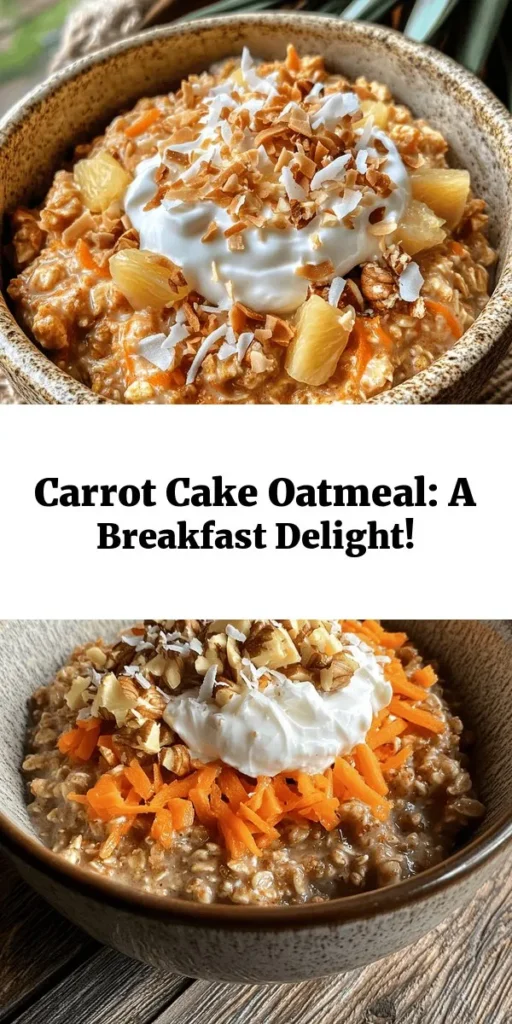 Start your day with a healthy twist on a classic favorite! This Carrot Cake Oatmeal Delight combines rolled oats, almond milk, and grated carrot to create a deliciously creamy breakfast. With hints of cinnamon and nutmeg, plus sweet pineapple and optional walnuts, this dish is both nutritious and satisfying. Top with Greek yogurt, extra walnuts, or raisins for a delightful crunch. Ready in just 15 minutes, it's perfect for busy mornings or a cozy weekend brunch!