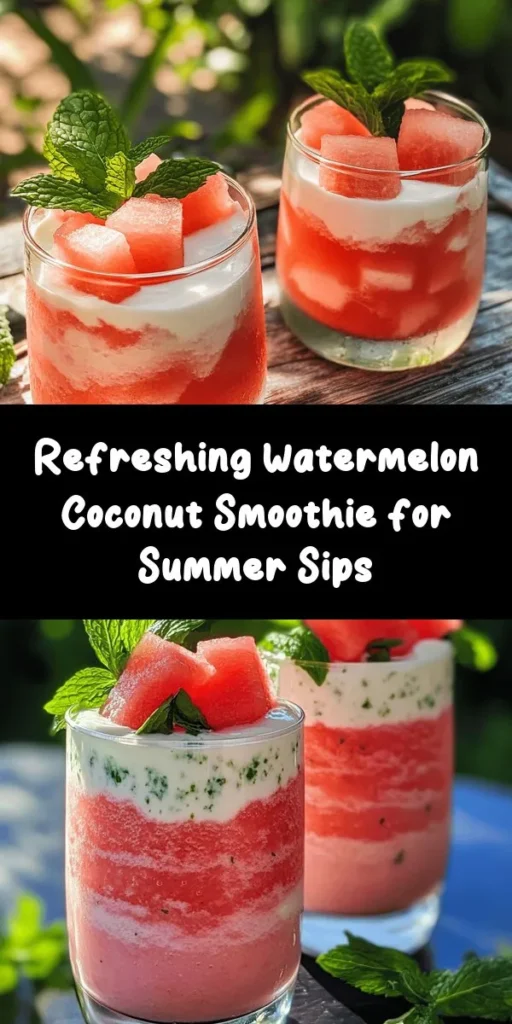 Beat the heat with this refreshing Watermelon Smoothie made with coconut water! Perfect for hot days, this drink combines juicy watermelon, creamy Greek yogurt, and a zesty kick from lime juice. Just blend, taste, and garnish with mint leaves for a delicious and vibrant treat. It's quick to make in just 10 minutes and serves two, making it ideal for sharing. Enjoy a tropical escape with every sip!