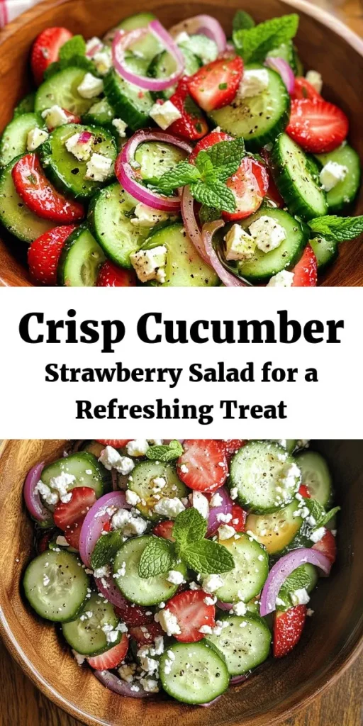 Brighten up your meals with this refreshing cucumber strawberry salad! Perfect for summer days, this easy-to-make dish combines crunchy cucumbers, sweet strawberries, and tangy feta cheese, all tossed in a light dressing of olive oil and balsamic vinegar. Add fresh mint for a burst of flavor. Ready in just 15 minutes, this salad serves 4 and is ideal as a side or a light lunch. Chill for a bit to enhance the taste and enjoy!