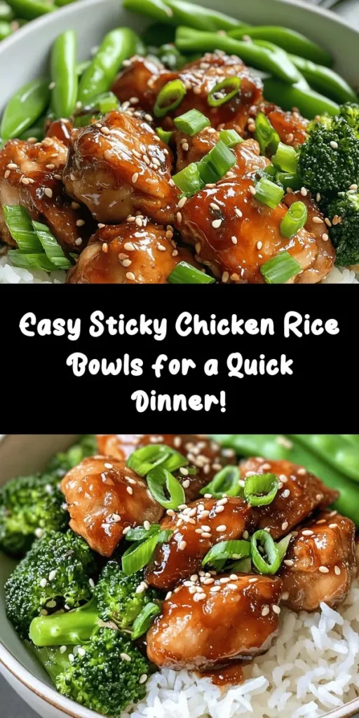 Looking for a delicious dinner idea? Try these Sticky Chicken Rice Bowls! Made with tender chicken thighs tossed in a sweet and savory sauce, served over fluffy jasmine rice and topped with fresh veggies. This dish is easy to make in just 40 minutes and is perfect for family meals. Don’t forget to garnish with green onions and sesame seeds for an extra pop of flavor. Enjoy a tasty and satisfying meal tonight!