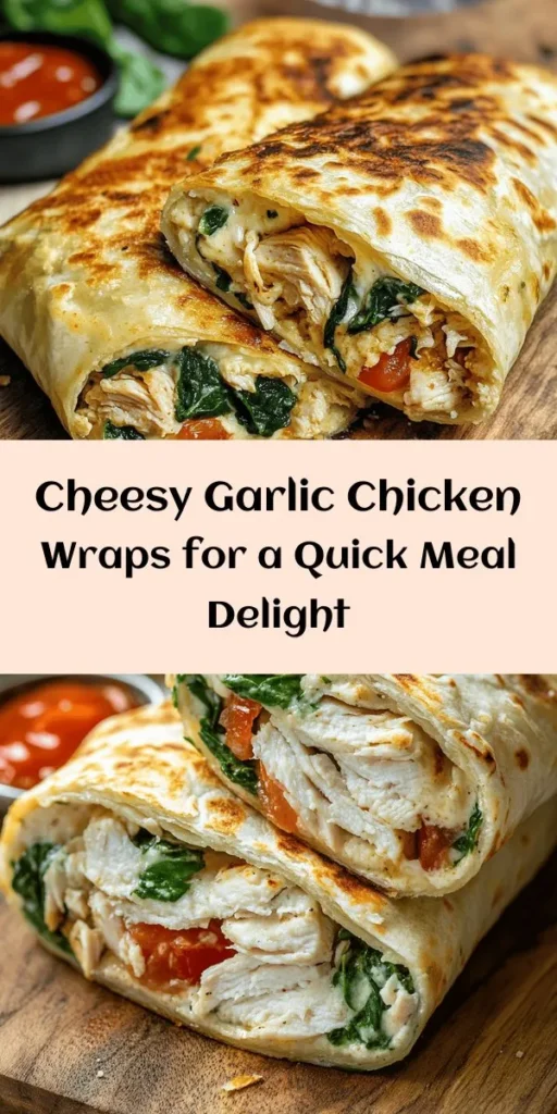 Looking for a quick and delicious meal? Try these Cheesy Garlic Chicken Wraps! Packed with tender chicken, melty mozzarella, creamy cheese, and a hint of garlic, they’re a crowd-pleaser. Fresh spinach and diced tomatoes add a burst of flavor. Perfect for lunch or dinner, these wraps are easy to make and ready in just 30 minutes. Serve them with your favorite dipping sauce for an extra kick. Your family will love this cheesy creation!