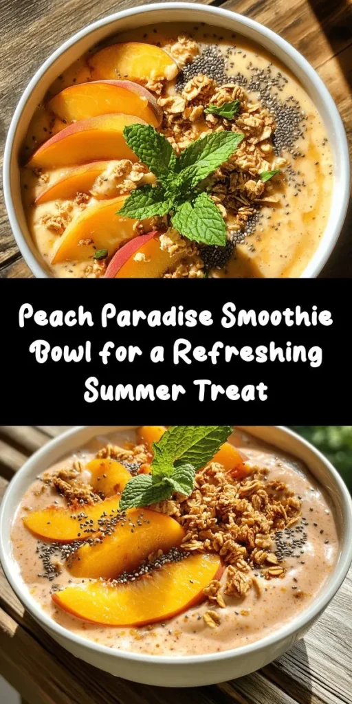 Dive into a refreshing Peach Paradise Smoothie Bowl that's perfect for breakfast or a snack! This creamy blend of frozen peaches, banana, and coconut yogurt is topped with fresh peach slices, crunchy granola, nutrient-packed chia seeds, and a hint of mint. With just 10 minutes of prep, this delicious feast not only looks beautiful but is also a healthy delight. Enjoy a burst of flavor in every spoonful—your taste buds will thank you!