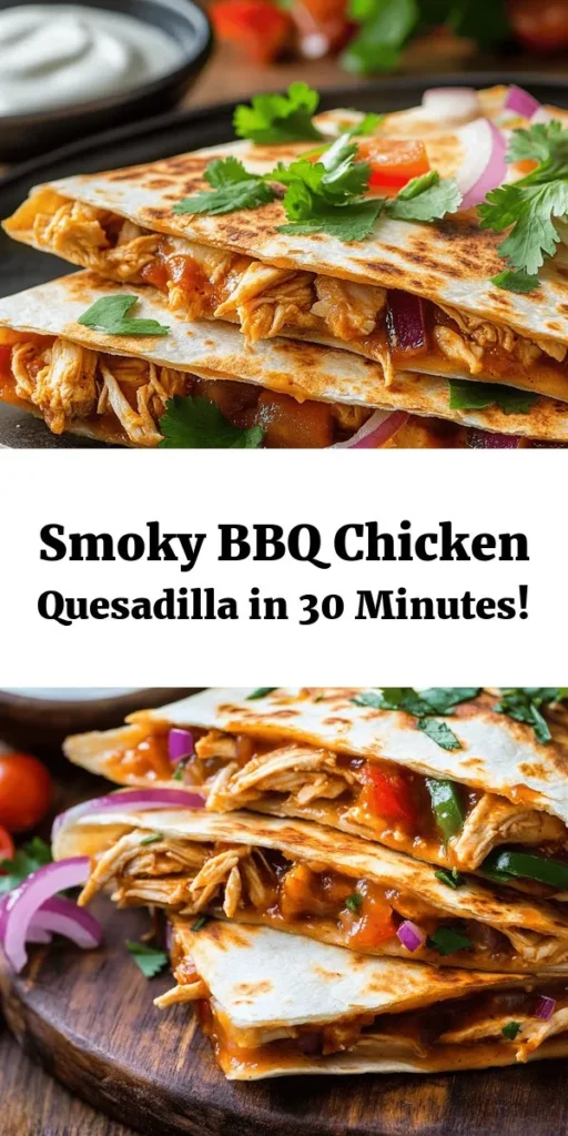 Indulge in the deliciousness of Smoky BBQ Chicken Quesadilla Delight! Perfect for any weeknight dinner or game day snack, this recipe combines shredded chicken, zesty BBQ sauce, and gooey cheese, all wrapped in crispy tortillas. With sautéed veggies and a sprinkle of fresh cilantro, every bite is packed with flavor. Serve it up with sour cream and salsa for the ultimate comfort food experience. Quick prep in just 15 minutes and ready to enjoy in 30!
