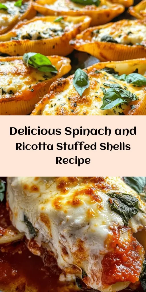 Indulge in this easy and delicious Spinach and Ricotta Stuffed Shells recipe! Perfect for a cozy dinner, these jumbo pasta shells are filled with a creamy ricotta and fresh spinach mixture, topped with rich marinara and melty mozzarella. With just 15 minutes of prep time and simple ingredients, you can have a comforting dish ready in under an hour. Serve hot and garnish with fresh basil for a burst of flavor. Your family will love it!