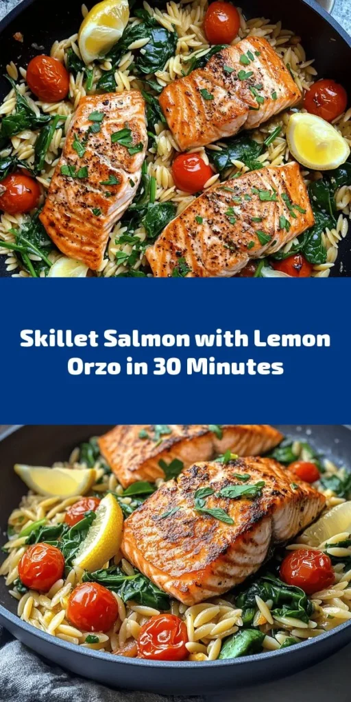This One Skillet Salmon with Lemon Orzo is a quick and delicious weeknight dinner! Perfectly seared salmon fillets are served over a zesty lemon orzo that's packed with cherry tomatoes and baby spinach. With a tantalizing blend of garlic and oregano, this dish is easy to make and full of flavor. Ready in just 30 minutes, it’s not only healthy but also a beautiful meal to impress your family or guests. Don't forget the fresh parsley for garnish!