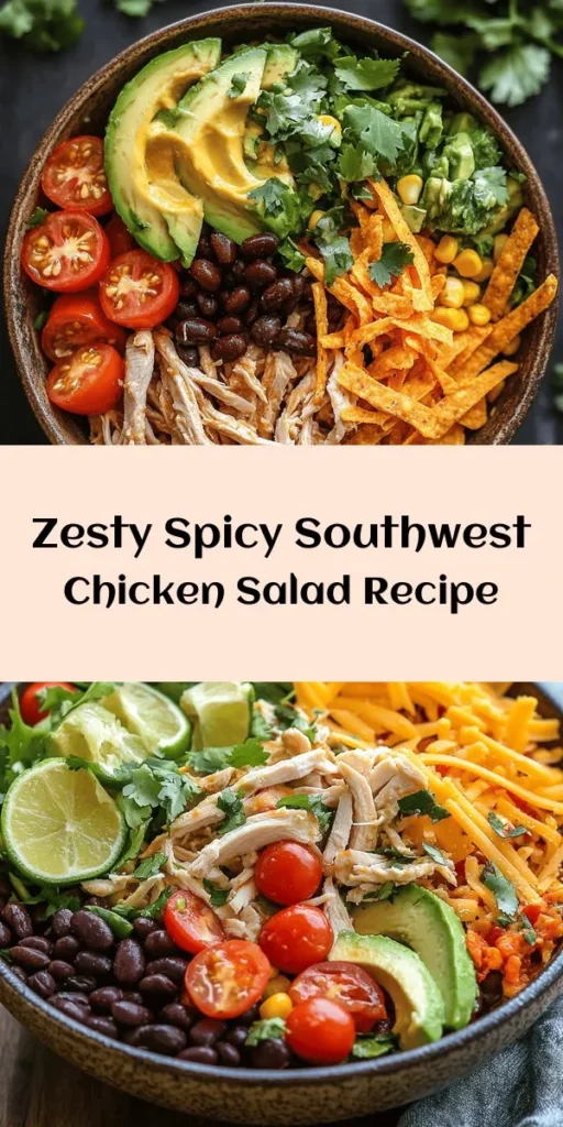 Discover a burst of flavor with this Spicy Southwest Chicken Salad! Packed with tender shredded chicken, black beans, corn, fresh veggies, and topped with creamy avocado, this salad is a delightful blend of textures and tastes. Tossed in a zesty lime dressing with a hint of honey and spices, it's perfect for a light lunch or dinner. Serve it chilled and enjoy with crispy tortilla chips on the side for that extra crunch. Easy, healthy, and oh-so-delicious!