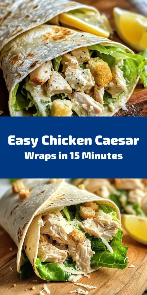 Elevate your lunch game with this delicious Chicken Caesar Wrap! Perfect for quick meals, this wrap combines tender cooked chicken, fresh romaine lettuce, savory Caesar dressing, and a sprinkle of Parmesan cheese. Optional croutons add a satisfying crunch. Ready in just 15 minutes, these wraps can also be toasted for an extra crispy bite. Serve with a squeeze of lemon for a burst of flavor that will make your taste buds dance!