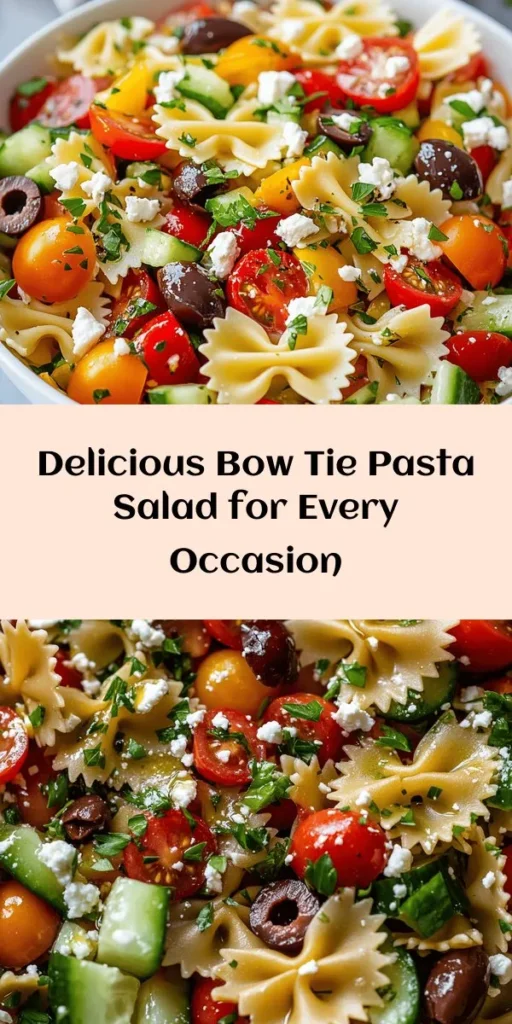 Whip up a delightful Bow Tie Bliss Pasta Salad that's perfect for any gathering! This vibrant dish features tender bow tie pasta tossed with juicy cherry tomatoes, crunchy cucumbers, and savory feta cheese, all drizzled with a zesty homemade dressing. Easy to make and even easier to enjoy, this pasta salad is best chilled for 30 minutes to let the flavors shine. Ideal for a picnic, potluck, or a refreshing side at dinner. Dive into a bowl of bliss!
